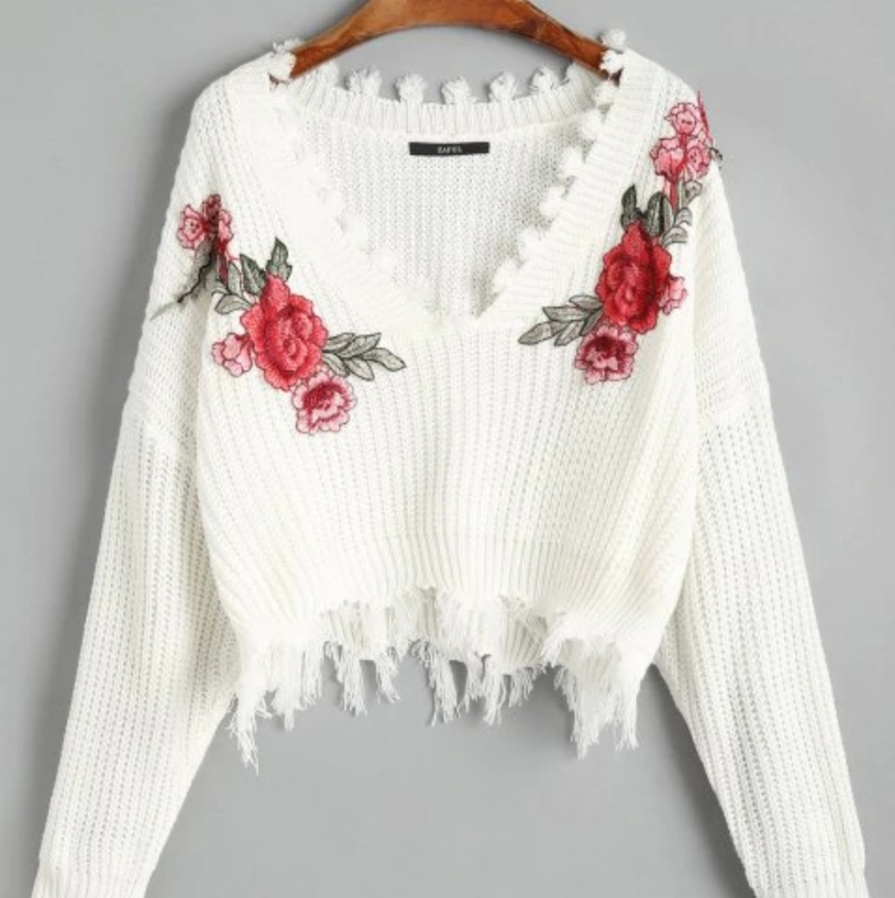Floral Embroidered Distressed Pullover Sweater